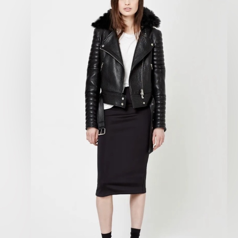 The Arrivals Women Real Black Lamb Leather and Detachable Fur collar Jacket M